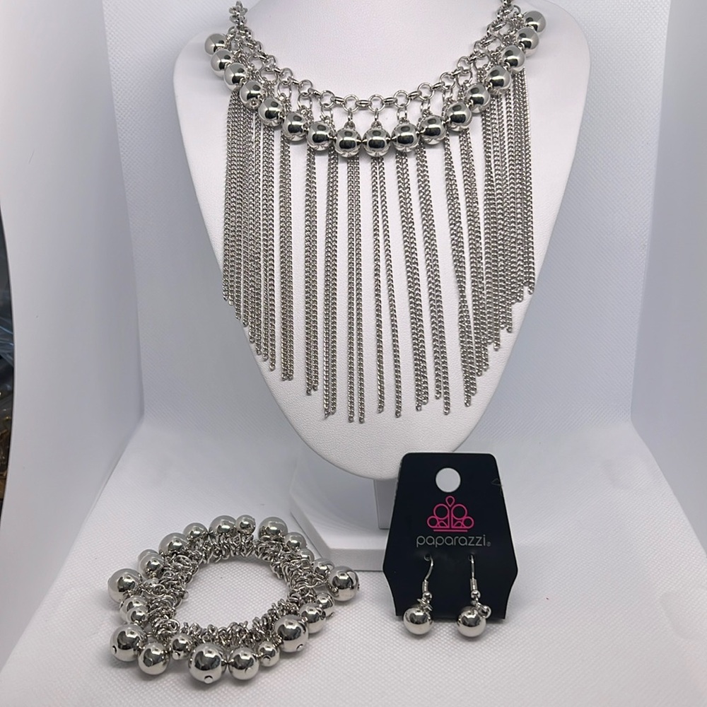 Paparazzi, silver beads and chains, necklace, earrings, and bracelet set